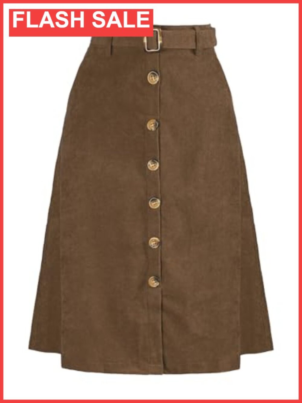 Women's Corduroy Button Front A-Line High Waist Belted Midi Skirt